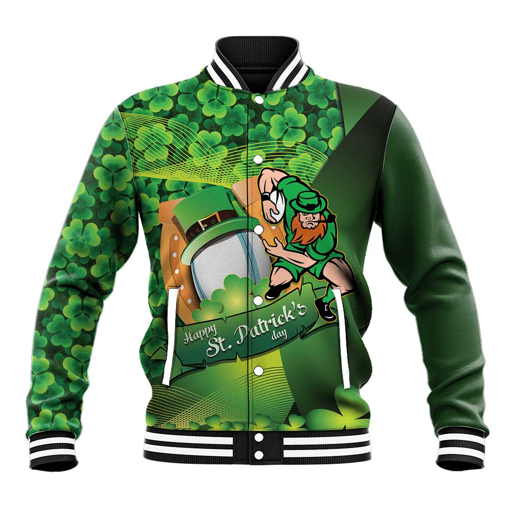 St Patrick's Day Ireland Rugby Custom Baseball Jacket Leprechaun Mascot Irish Shamrock Pattern - Wonder Print Shop