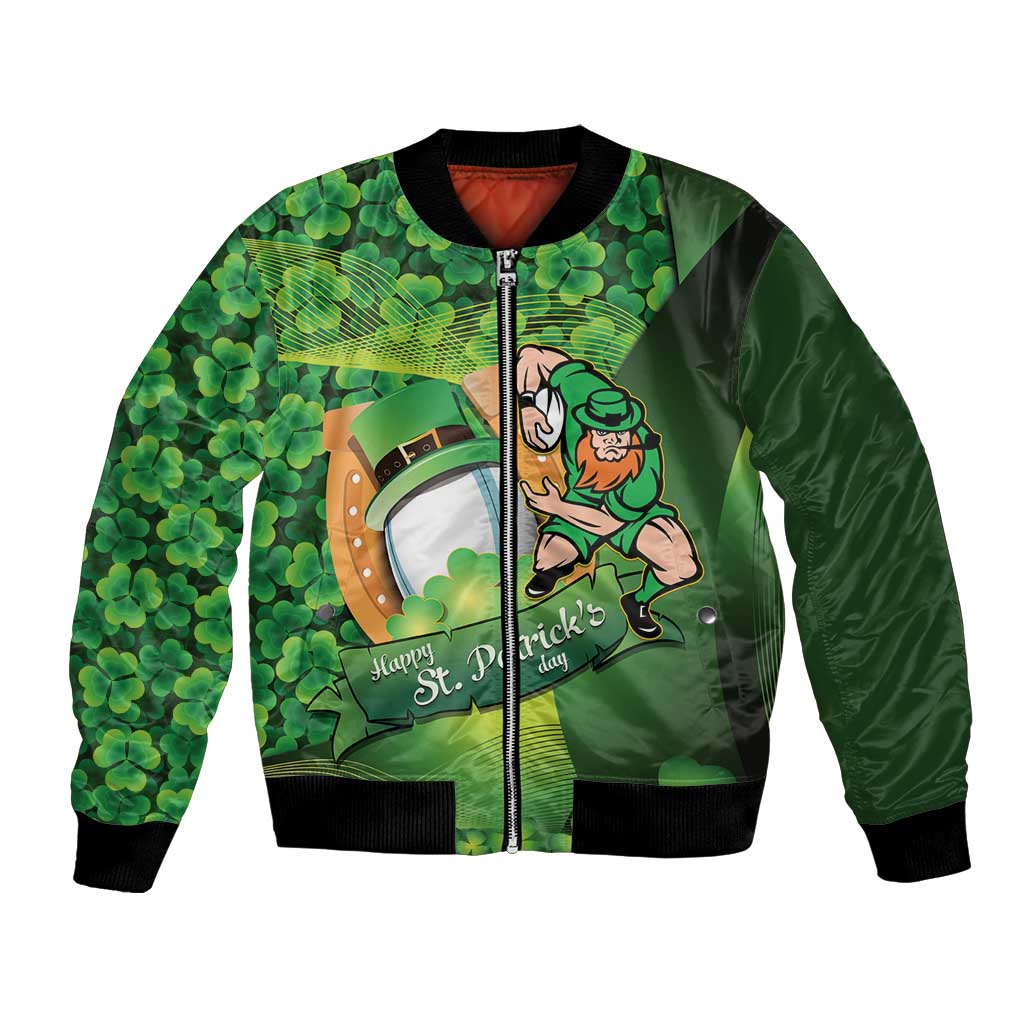 St Patrick's Day Ireland Rugby Custom Bomber Jacket Leprechaun Mascot Irish Shamrock Pattern - Wonder Print Shop