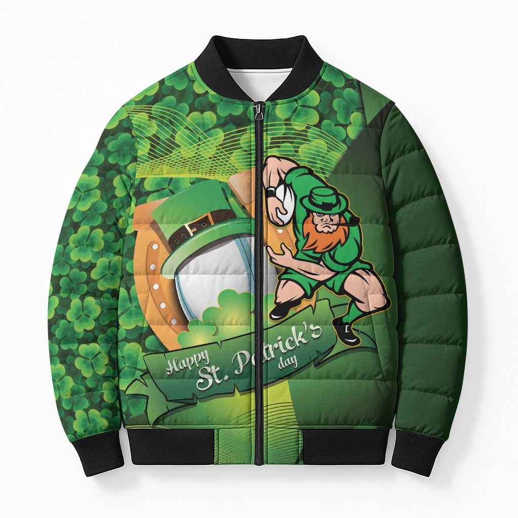 St Patrick's Day Ireland Rugby Custom Bomber Puffer Jacket Leprechaun Mascot Irish Shamrock Pattern - Wonder Print Shop