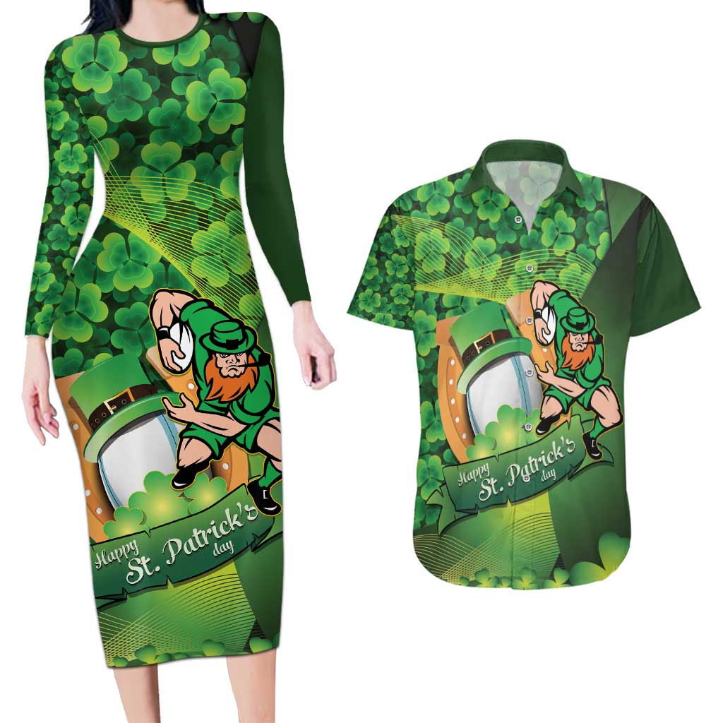 St Patrick's Day Ireland Rugby Custom Couples Matching Long Sleeve Bodycon Dress and Hawaiian Shirt Leprechaun Mascot Irish Shamrock Pattern - Wonder Print Shop