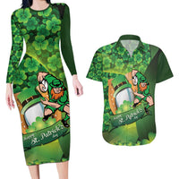 St Patrick's Day Ireland Rugby Custom Couples Matching Long Sleeve Bodycon Dress and Hawaiian Shirt Leprechaun Mascot Irish Shamrock Pattern - Wonder Print Shop