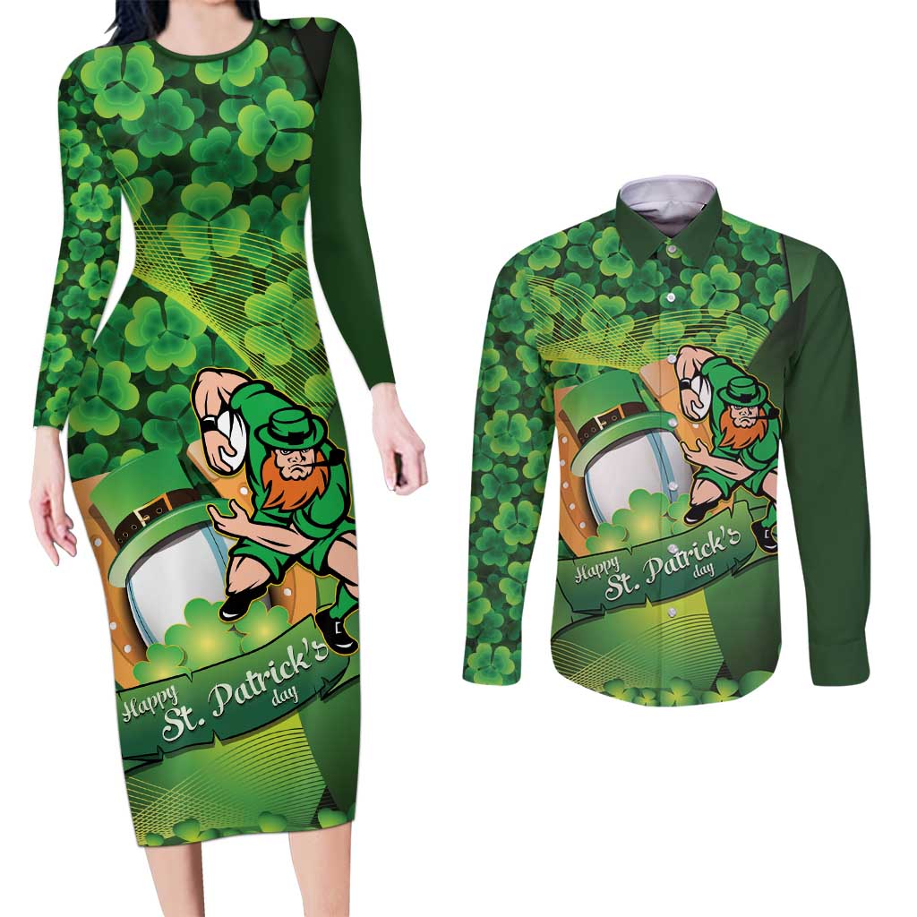 St Patrick's Day Ireland Rugby Custom Couples Matching Long Sleeve Bodycon Dress and Long Sleeve Button Shirt Leprechaun Mascot Irish Shamrock Pattern - Wonder Print Shop