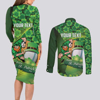 St Patrick's Day Ireland Rugby Custom Couples Matching Long Sleeve Bodycon Dress and Long Sleeve Button Shirt Leprechaun Mascot Irish Shamrock Pattern - Wonder Print Shop