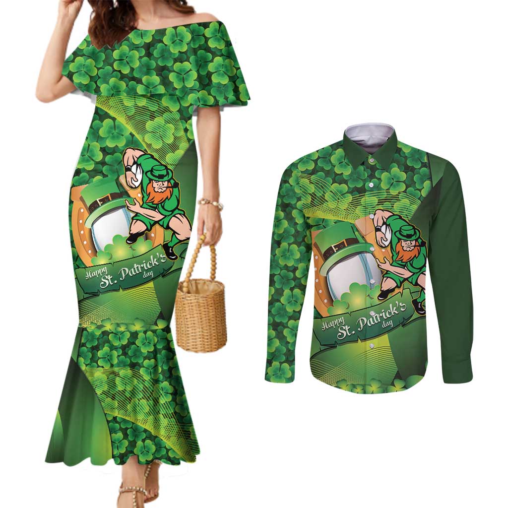 St Patrick's Day Ireland Rugby Custom Couples Matching Mermaid Dress and Long Sleeve Button Shirt Leprechaun Mascot Irish Shamrock Pattern - Wonder Print Shop