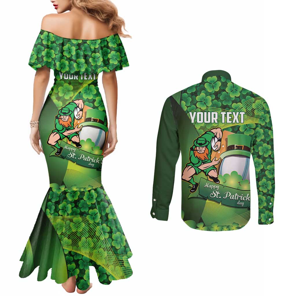 St Patrick's Day Ireland Rugby Custom Couples Matching Mermaid Dress and Long Sleeve Button Shirt Leprechaun Mascot Irish Shamrock Pattern - Wonder Print Shop