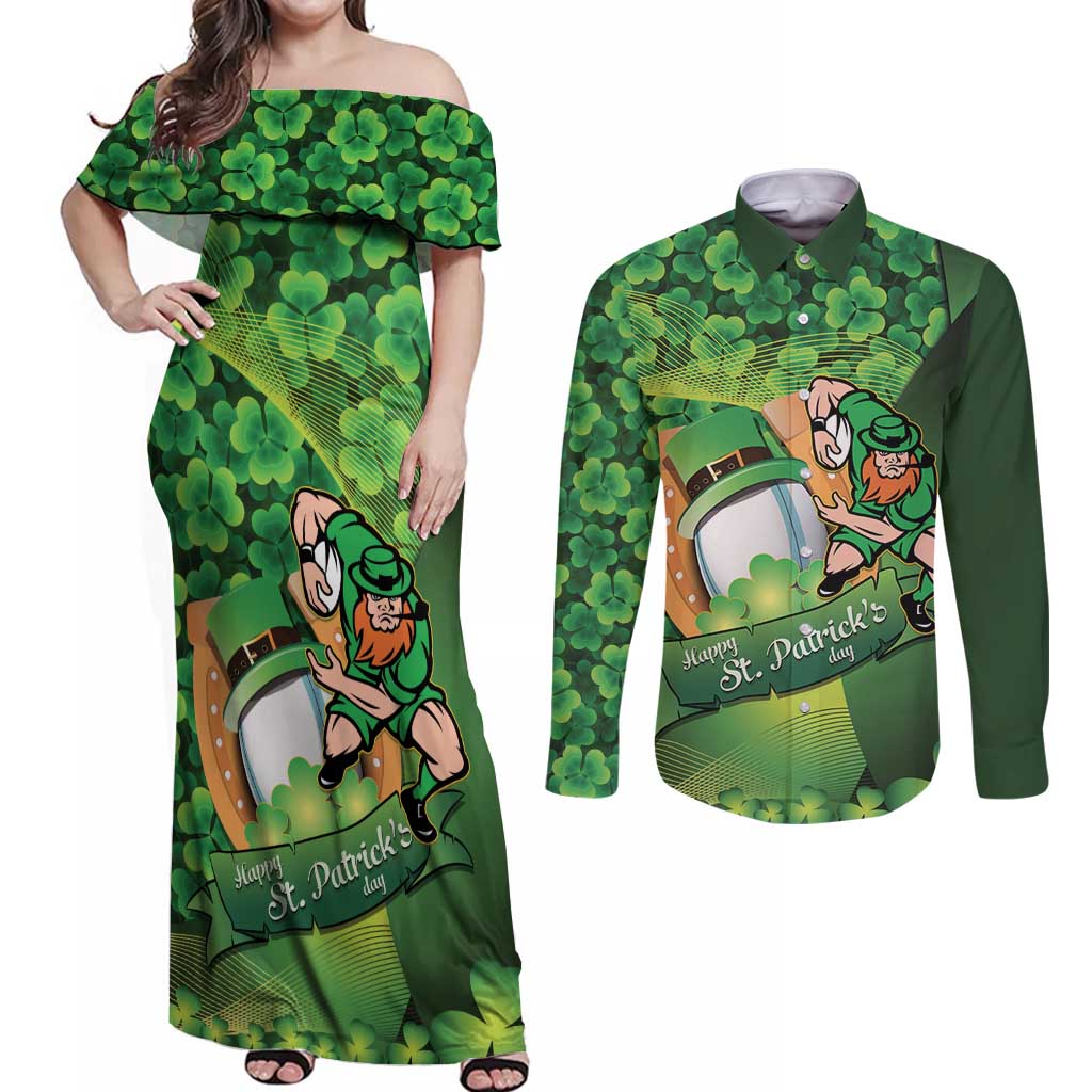 St Patrick's Day Ireland Rugby Custom Couples Matching Off Shoulder Maxi Dress and Long Sleeve Button Shirt Leprechaun Mascot Irish Shamrock Pattern - Wonder Print Shop
