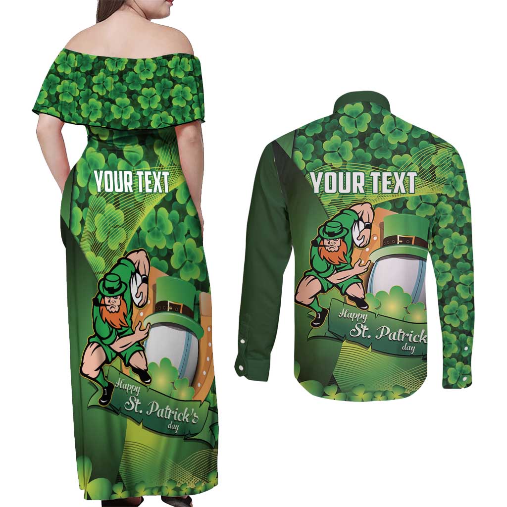 St Patrick's Day Ireland Rugby Custom Couples Matching Off Shoulder Maxi Dress and Long Sleeve Button Shirt Leprechaun Mascot Irish Shamrock Pattern - Wonder Print Shop