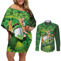 St Patrick's Day Ireland Rugby Custom Couples Matching Off Shoulder Short Dress and Long Sleeve Button Shirt Leprechaun Mascot Irish Shamrock Pattern - Wonder Print Shop
