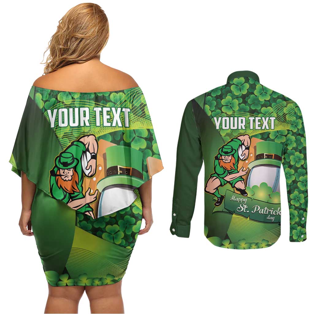 St Patrick's Day Ireland Rugby Custom Couples Matching Off Shoulder Short Dress and Long Sleeve Button Shirt Leprechaun Mascot Irish Shamrock Pattern - Wonder Print Shop