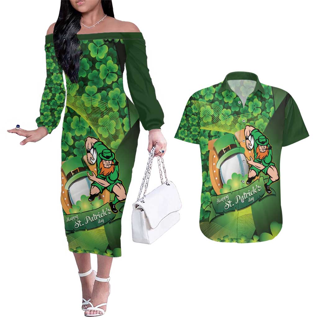 St Patrick's Day Ireland Rugby Custom Couples Matching Off The Shoulder Long Sleeve Dress and Hawaiian Shirt Leprechaun Mascot Irish Shamrock Pattern - Wonder Print Shop