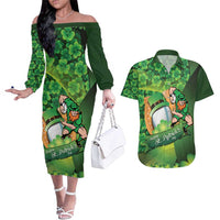 St Patrick's Day Ireland Rugby Custom Couples Matching Off The Shoulder Long Sleeve Dress and Hawaiian Shirt Leprechaun Mascot Irish Shamrock Pattern - Wonder Print Shop