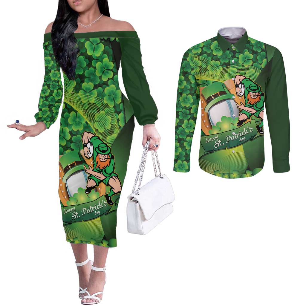 St Patrick's Day Ireland Rugby Custom Couples Matching Off The Shoulder Long Sleeve Dress and Long Sleeve Button Shirt Leprechaun Mascot Irish Shamrock Pattern - Wonder Print Shop