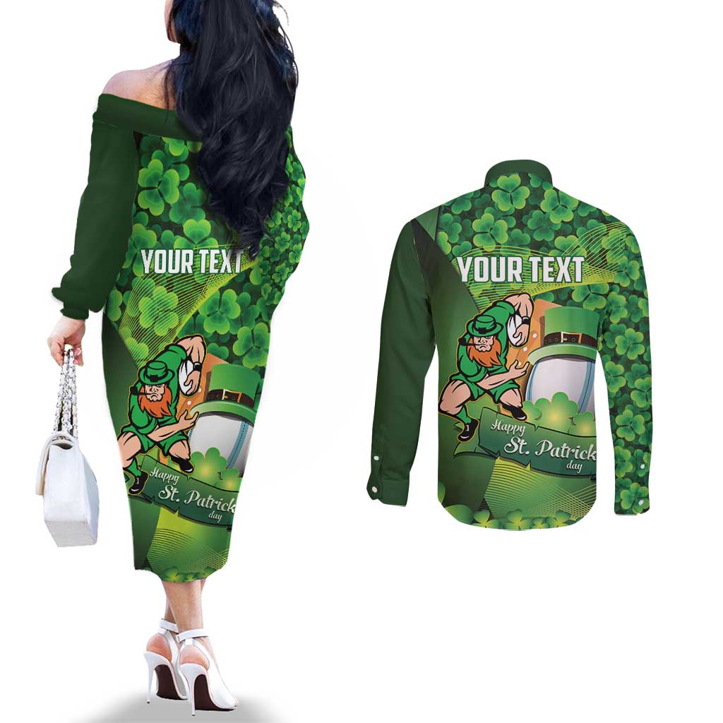 St Patrick's Day Ireland Rugby Custom Couples Matching Off The Shoulder Long Sleeve Dress and Long Sleeve Button Shirt Leprechaun Mascot Irish Shamrock Pattern - Wonder Print Shop