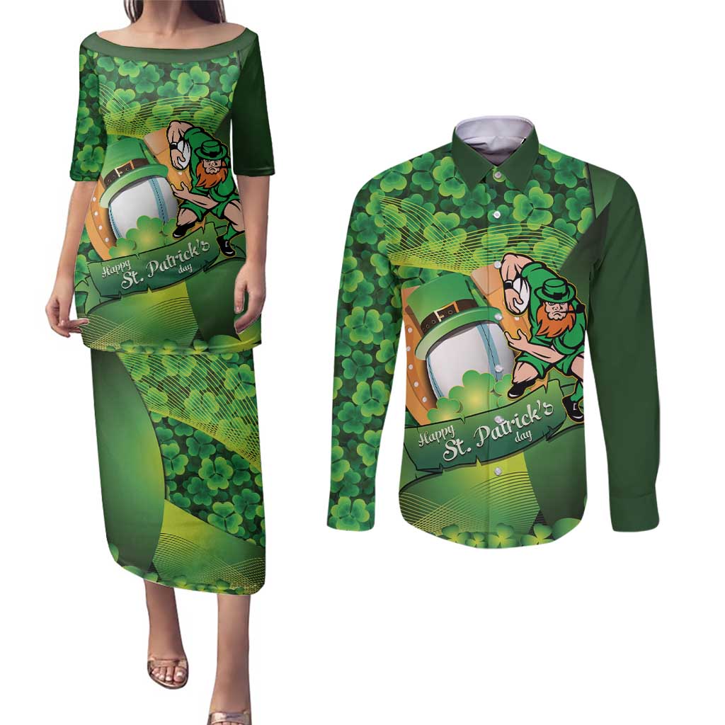 St Patrick's Day Ireland Rugby Custom Couples Matching Puletasi and Long Sleeve Button Shirt Leprechaun Mascot Irish Shamrock Pattern - Wonder Print Shop