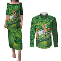 St Patrick's Day Ireland Rugby Custom Couples Matching Puletasi and Long Sleeve Button Shirt Leprechaun Mascot Irish Shamrock Pattern - Wonder Print Shop