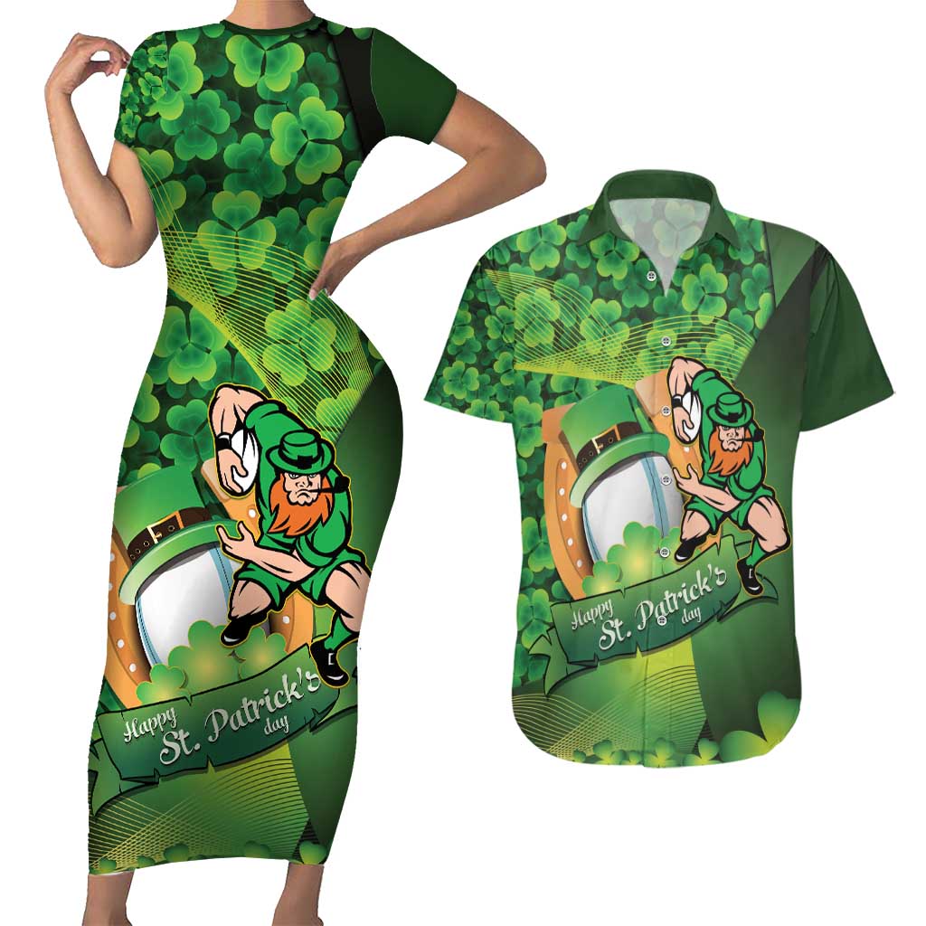 St Patrick's Day Ireland Rugby Custom Couples Matching Short Sleeve Bodycon Dress and Hawaiian Shirt Leprechaun Mascot Irish Shamrock Pattern - Wonder Print Shop