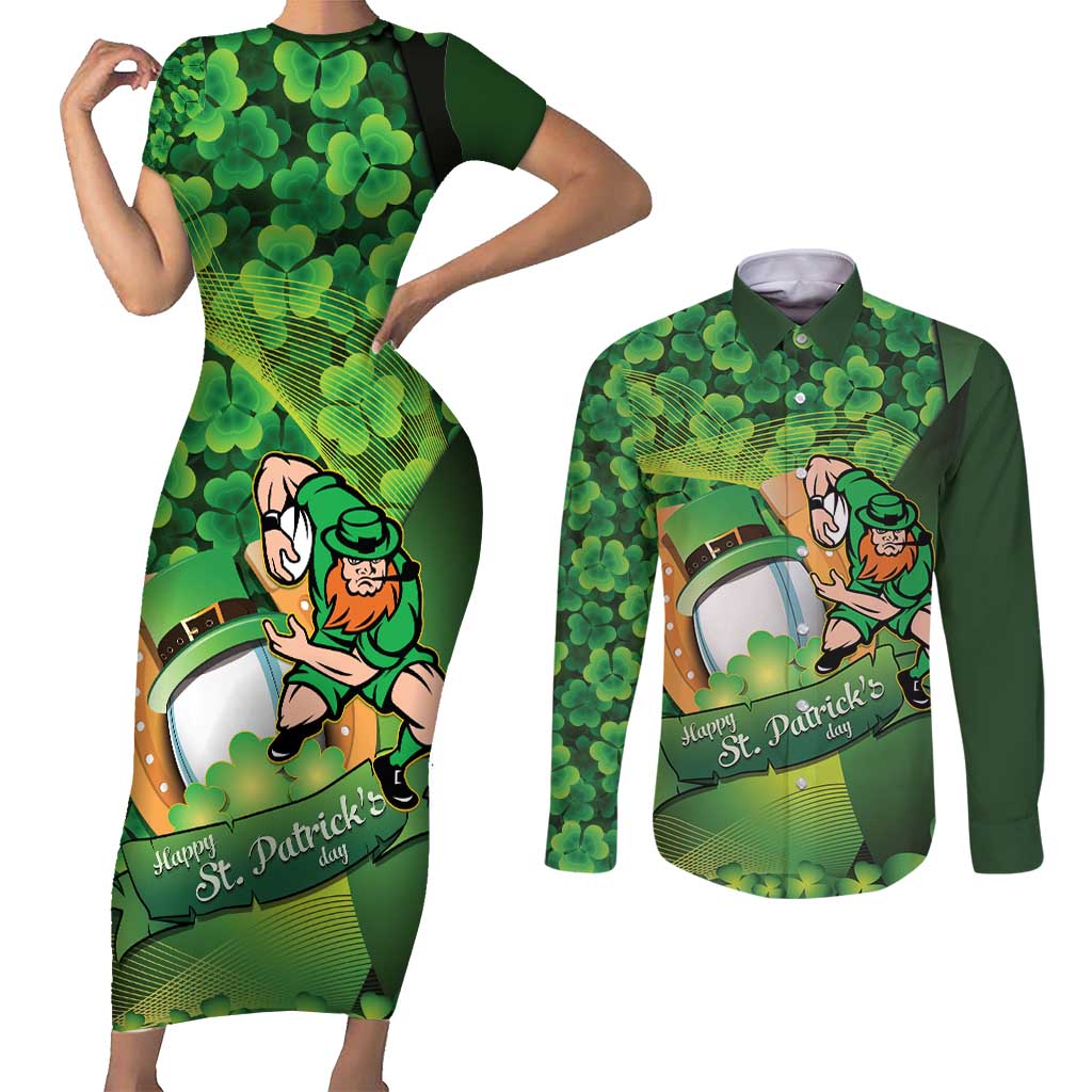 St Patrick's Day Ireland Rugby Custom Couples Matching Short Sleeve Bodycon Dress and Long Sleeve Button Shirt Leprechaun Mascot Irish Shamrock Pattern - Wonder Print Shop