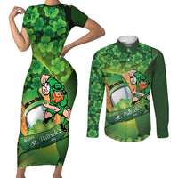 St Patrick's Day Ireland Rugby Custom Couples Matching Short Sleeve Bodycon Dress and Long Sleeve Button Shirt Leprechaun Mascot Irish Shamrock Pattern - Wonder Print Shop