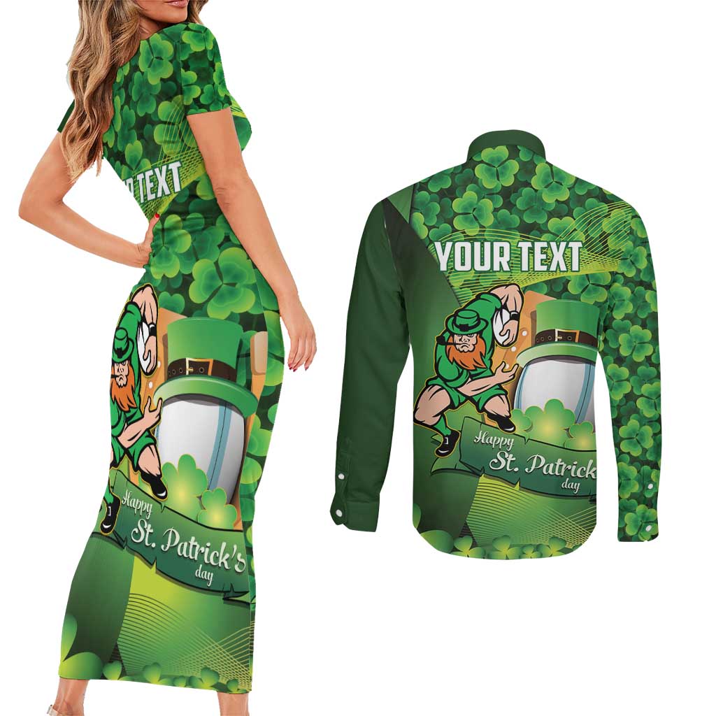 St Patrick's Day Ireland Rugby Custom Couples Matching Short Sleeve Bodycon Dress and Long Sleeve Button Shirt Leprechaun Mascot Irish Shamrock Pattern - Wonder Print Shop