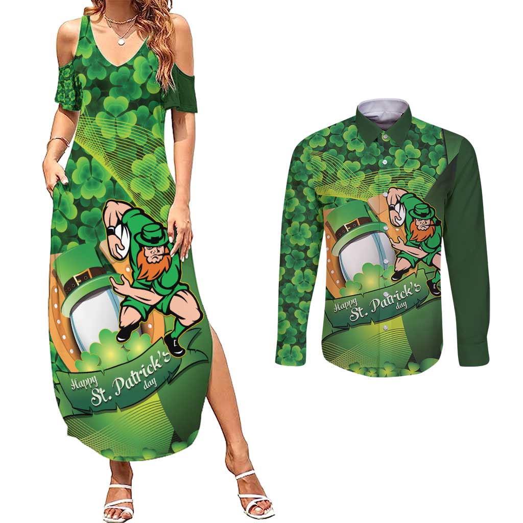 St Patrick's Day Ireland Rugby Custom Couples Matching Summer Maxi Dress and Long Sleeve Button Shirt Leprechaun Mascot Irish Shamrock Pattern - Wonder Print Shop