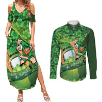 St Patrick's Day Ireland Rugby Custom Couples Matching Summer Maxi Dress and Long Sleeve Button Shirt Leprechaun Mascot Irish Shamrock Pattern - Wonder Print Shop