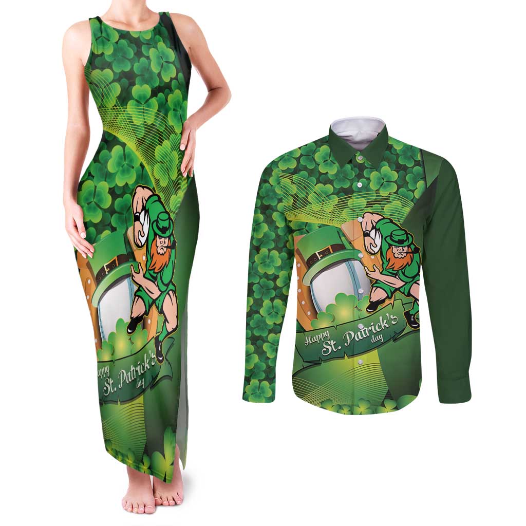 St Patrick's Day Ireland Rugby Custom Couples Matching Tank Maxi Dress and Long Sleeve Button Shirt Leprechaun Mascot Irish Shamrock Pattern - Wonder Print Shop