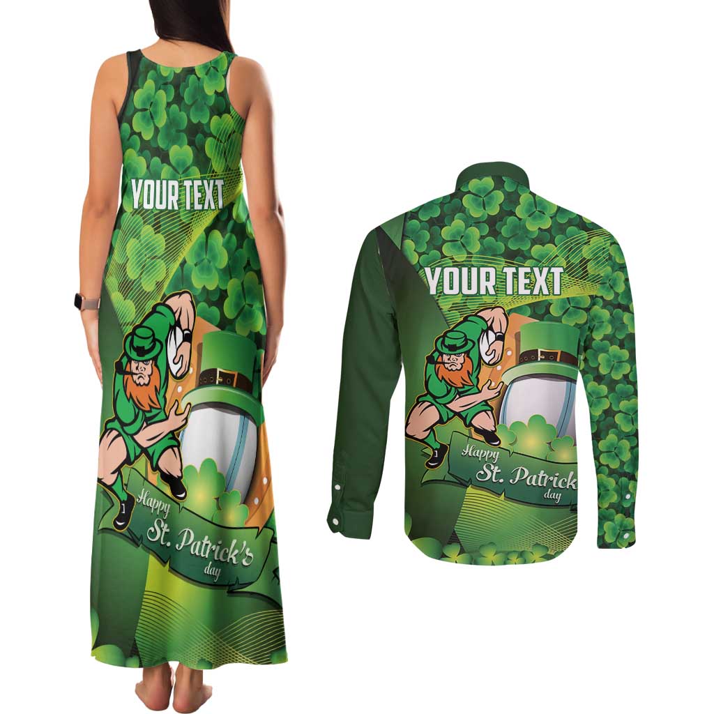 St Patrick's Day Ireland Rugby Custom Couples Matching Tank Maxi Dress and Long Sleeve Button Shirt Leprechaun Mascot Irish Shamrock Pattern - Wonder Print Shop