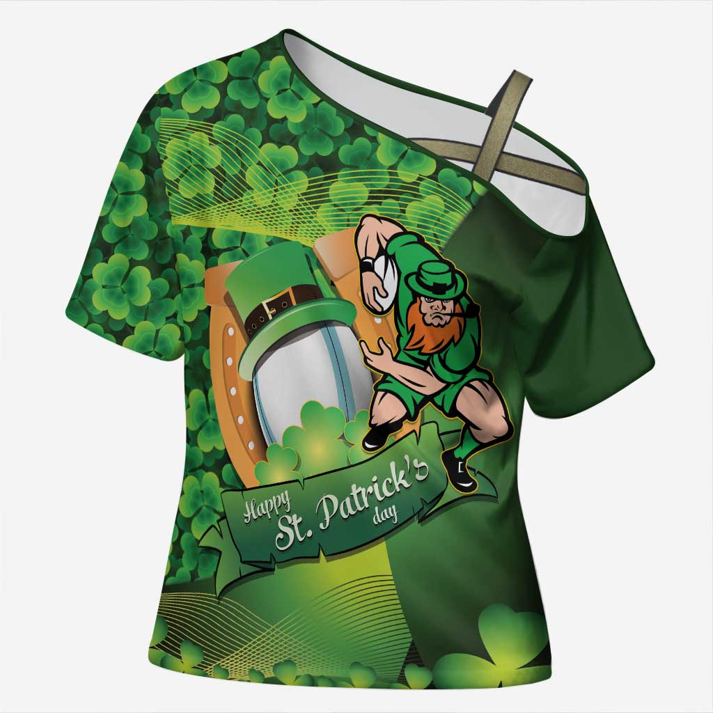 St Patrick's Day Ireland Rugby Custom Cross Shoulder Shirt Leprechaun Mascot Irish Shamrock Pattern - Wonder Print Shop