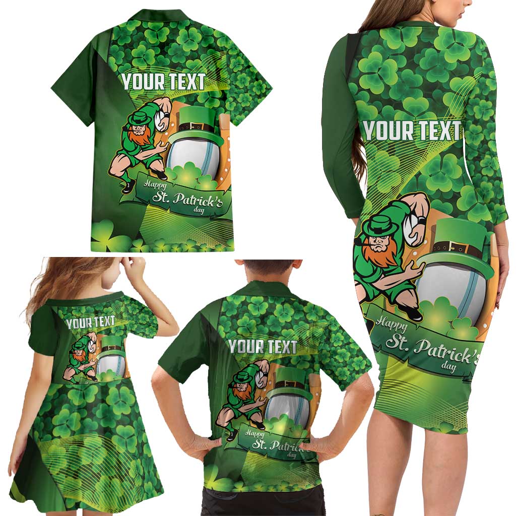 St Patrick's Day Ireland Rugby Custom Family Matching Long Sleeve Bodycon Dress and Hawaiian Shirt Leprechaun Mascot Irish Shamrock Pattern - Wonder Print Shop