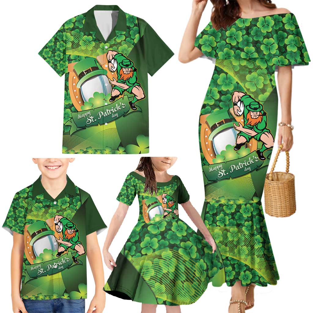 St Patrick's Day Ireland Rugby Custom Family Matching Mermaid Dress and Hawaiian Shirt Leprechaun Mascot Irish Shamrock Pattern - Wonder Print Shop