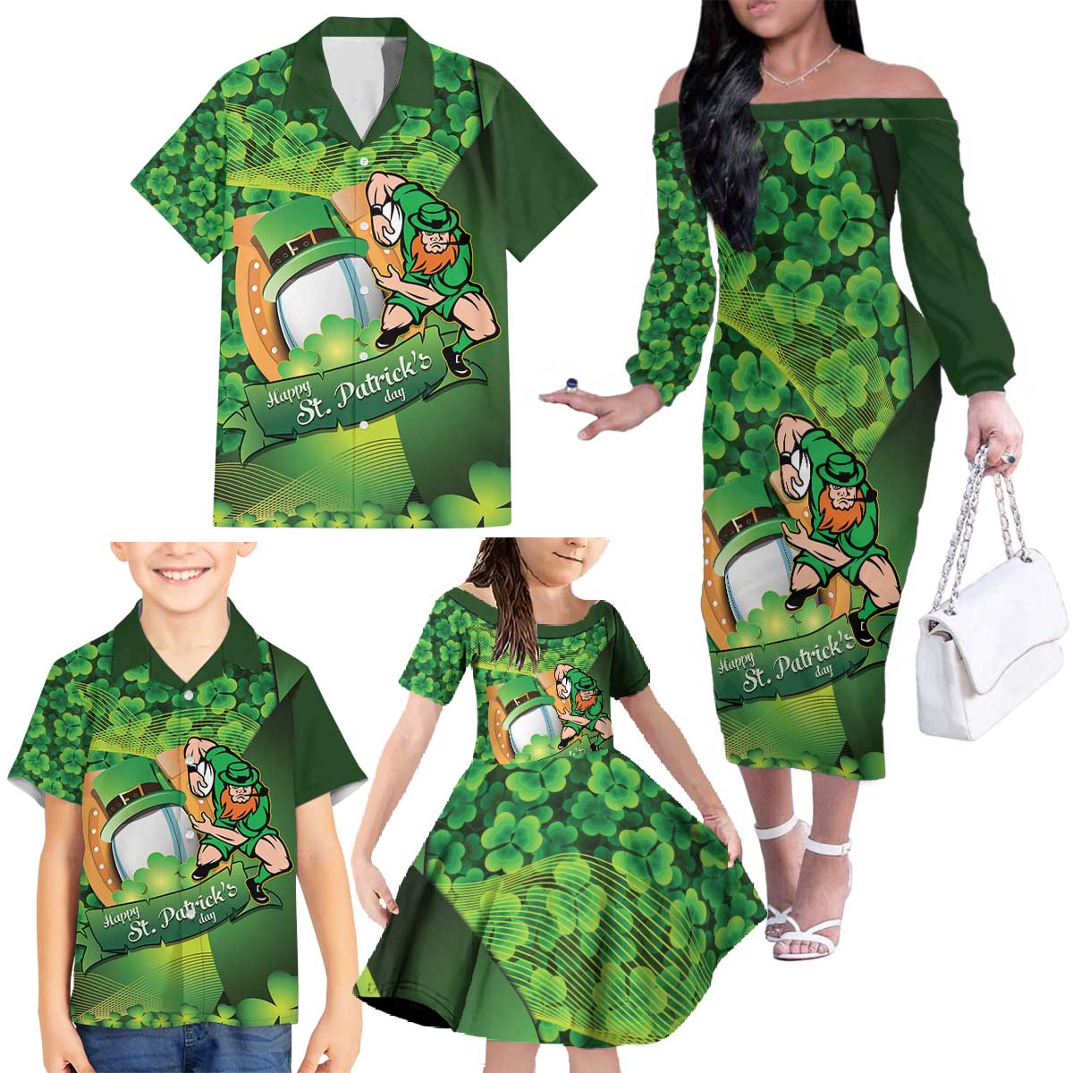 St Patrick's Day Ireland Rugby Custom Family Matching Off The Shoulder Long Sleeve Dress and Hawaiian Shirt Leprechaun Mascot Irish Shamrock Pattern - Wonder Print Shop