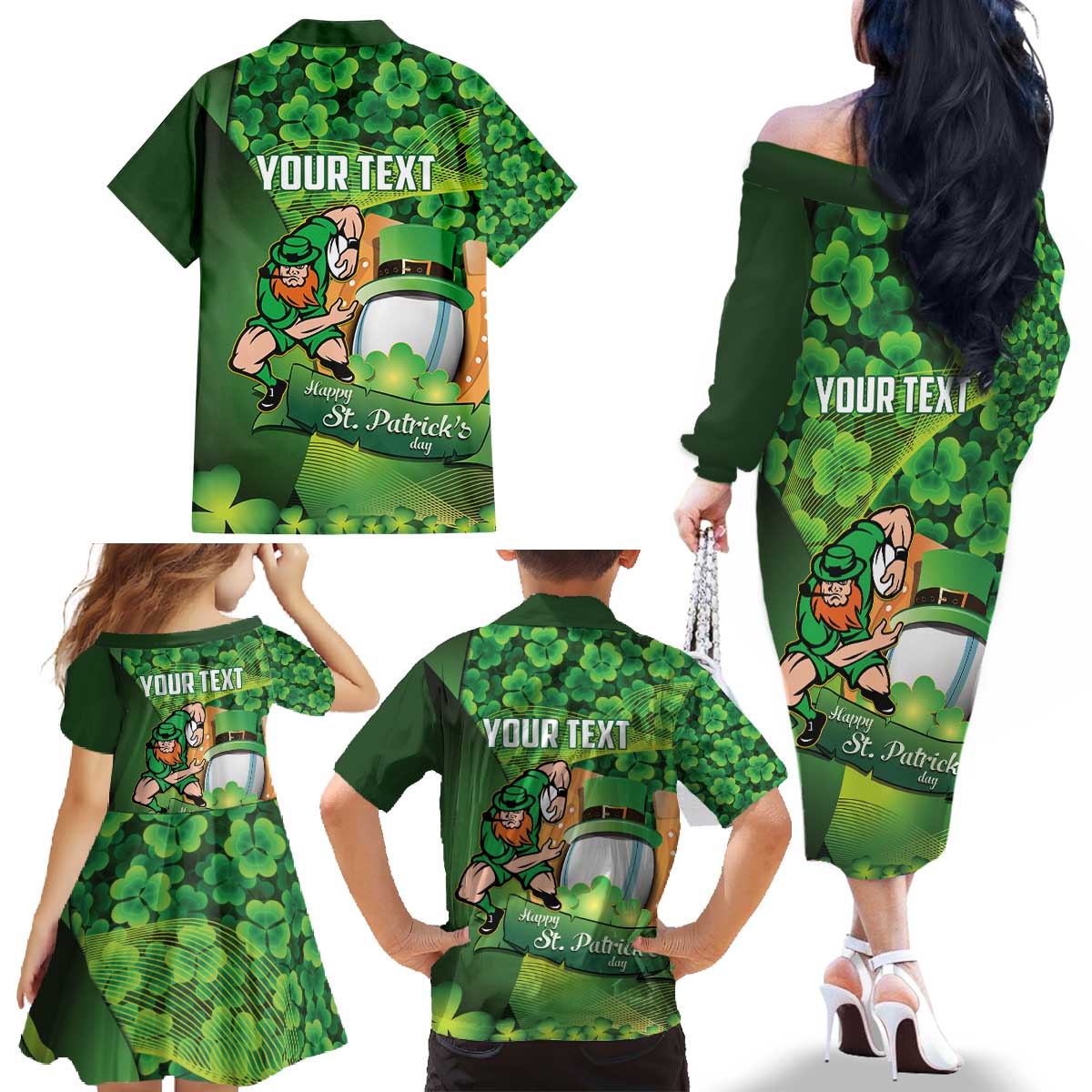St Patrick's Day Ireland Rugby Custom Family Matching Off The Shoulder Long Sleeve Dress and Hawaiian Shirt Leprechaun Mascot Irish Shamrock Pattern - Wonder Print Shop