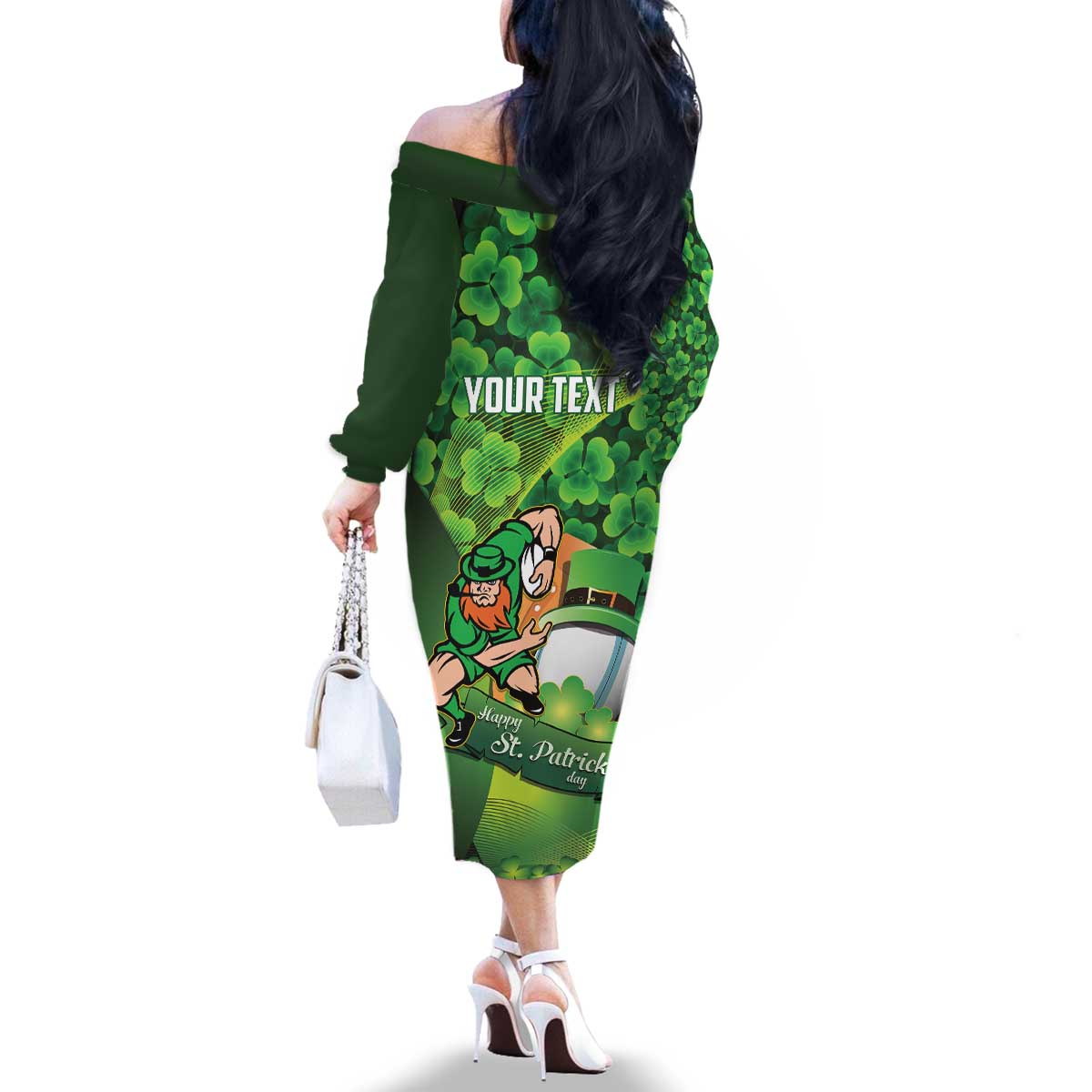 St Patrick's Day Ireland Rugby Custom Family Matching Off The Shoulder Long Sleeve Dress and Hawaiian Shirt Leprechaun Mascot Irish Shamrock Pattern - Wonder Print Shop