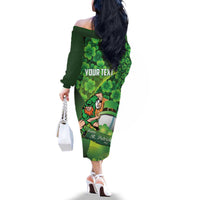 St Patrick's Day Ireland Rugby Custom Family Matching Off The Shoulder Long Sleeve Dress and Hawaiian Shirt Leprechaun Mascot Irish Shamrock Pattern - Wonder Print Shop