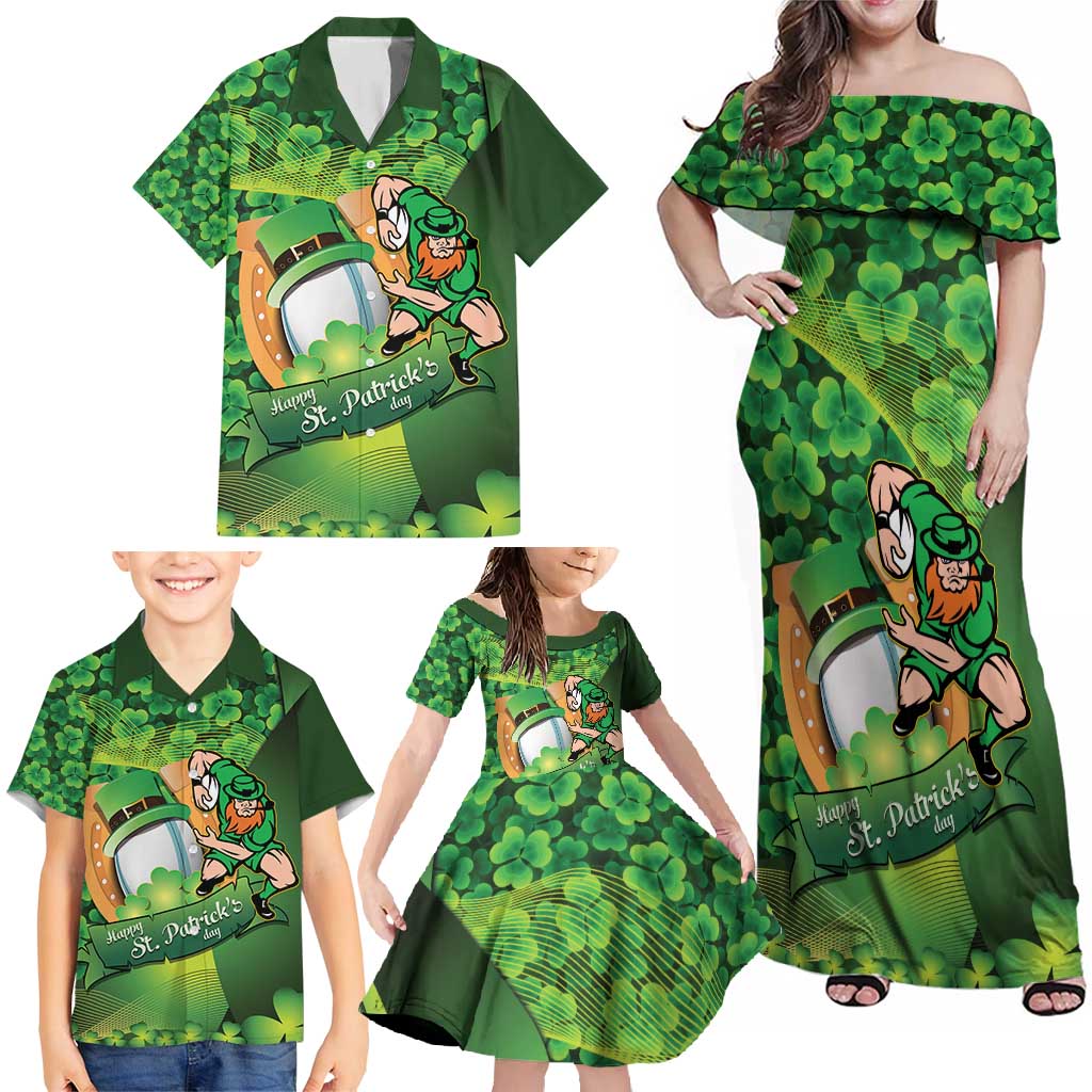 St Patrick's Day Ireland Rugby Custom Family Matching Off Shoulder Maxi Dress and Hawaiian Shirt Leprechaun Mascot Irish Shamrock Pattern - Wonder Print Shop