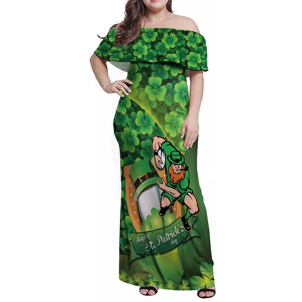 St Patrick's Day Ireland Rugby Custom Family Matching Off Shoulder Maxi Dress and Hawaiian Shirt Leprechaun Mascot Irish Shamrock Pattern - Wonder Print Shop