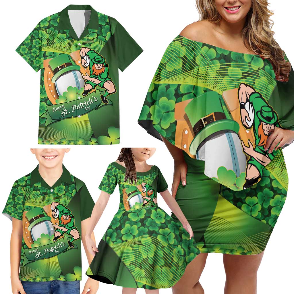 St Patrick's Day Ireland Rugby Custom Family Matching Off Shoulder Short Dress and Hawaiian Shirt Leprechaun Mascot Irish Shamrock Pattern - Wonder Print Shop