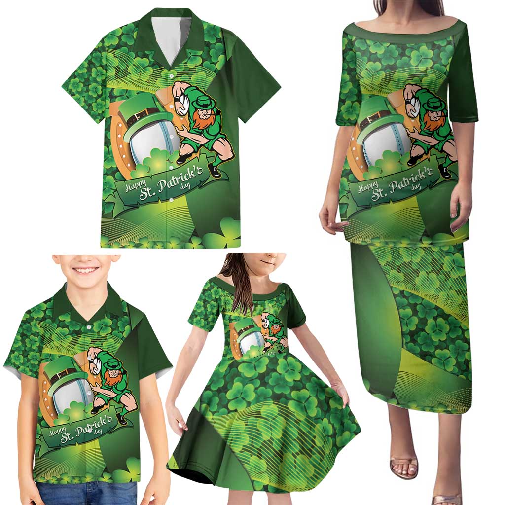 St Patrick's Day Ireland Rugby Custom Family Matching Puletasi and Hawaiian Shirt Leprechaun Mascot Irish Shamrock Pattern - Wonder Print Shop