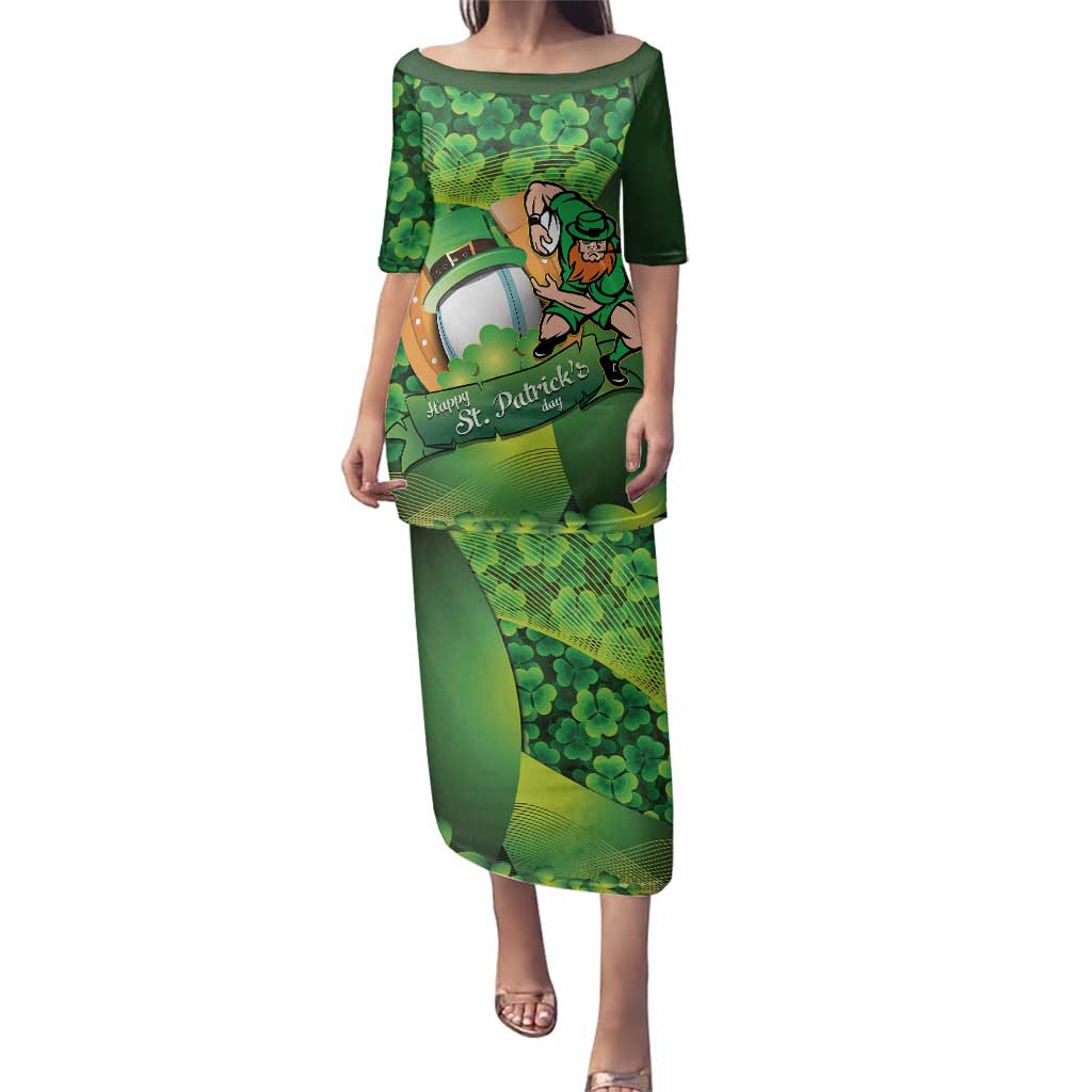 St Patrick's Day Ireland Rugby Custom Family Matching Puletasi and Hawaiian Shirt Leprechaun Mascot Irish Shamrock Pattern - Wonder Print Shop