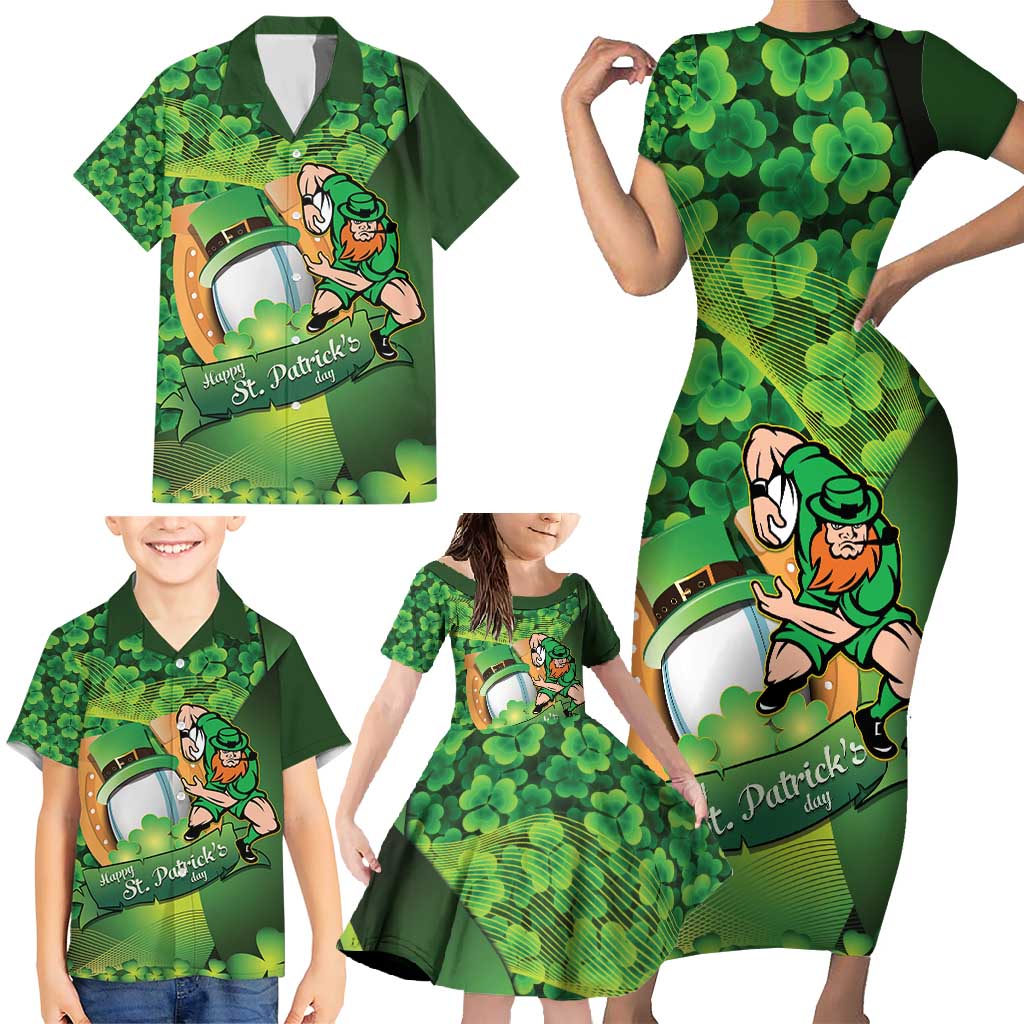 St Patrick's Day Ireland Rugby Custom Family Matching Short Sleeve Bodycon Dress and Hawaiian Shirt Leprechaun Mascot Irish Shamrock Pattern - Wonder Print Shop