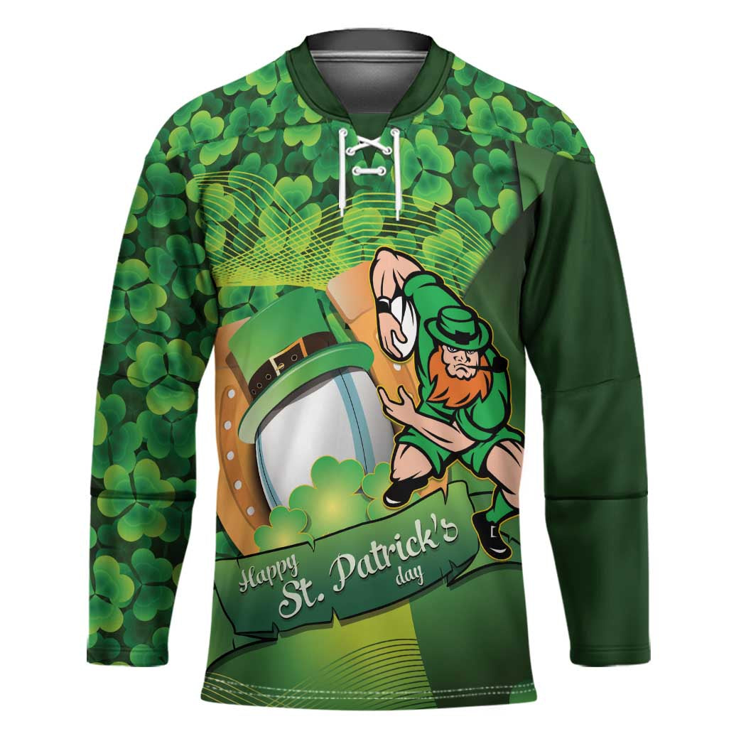 St Patrick's Day Ireland Rugby Custom Hockey Jersey Leprechaun Mascot Irish Shamrock Pattern - Wonder Print Shop
