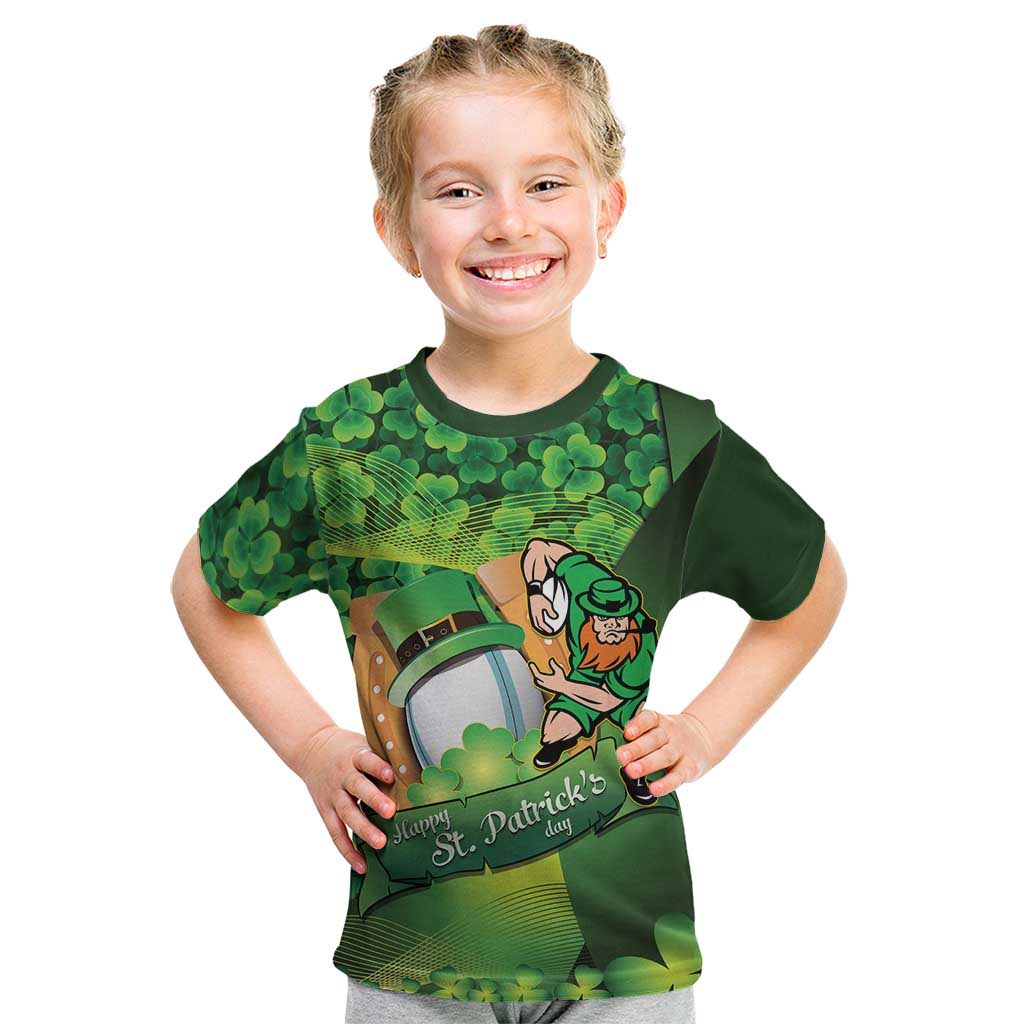 St Patrick's Day Ireland Rugby Custom Kid T Shirt Leprechaun Mascot Irish Shamrock Pattern - Wonder Print Shop