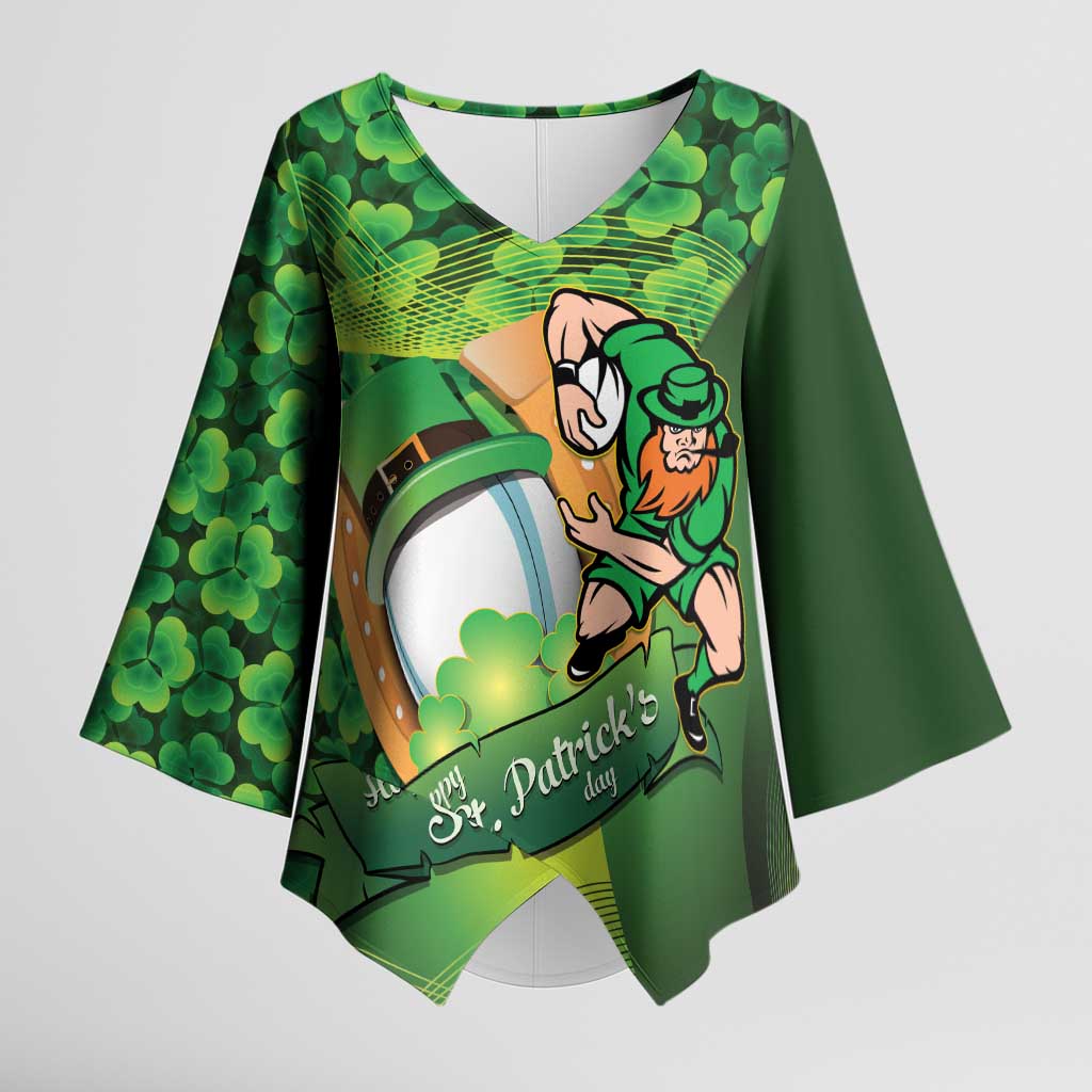 St Patrick's Day Ireland Rugby Custom Kimono Sleeve Blouse Leprechaun Mascot Irish Shamrock Pattern - Wonder Print Shop