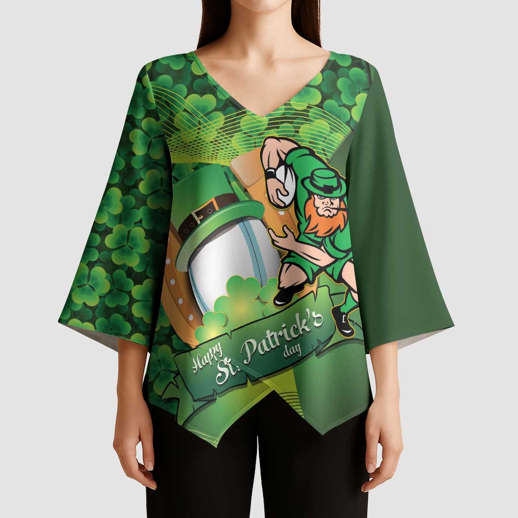 St Patrick's Day Ireland Rugby Custom Kimono Sleeve Blouse Leprechaun Mascot Irish Shamrock Pattern - Wonder Print Shop