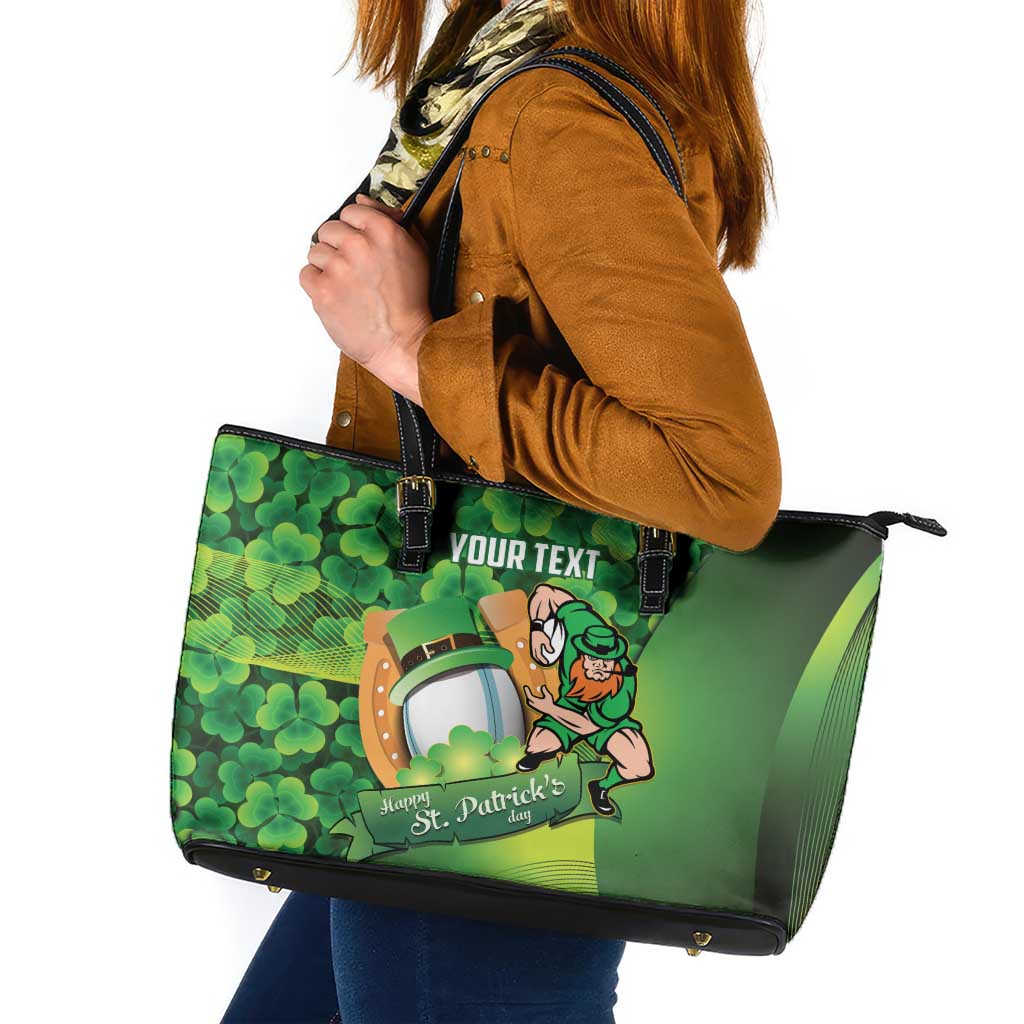 St Patrick's Day Ireland Rugby Custom Leather Tote Bag Leprechaun Mascot Irish Shamrock Pattern - Wonder Print Shop