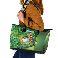 St Patrick's Day Ireland Rugby Custom Leather Tote Bag Leprechaun Mascot Irish Shamrock Pattern - Wonder Print Shop