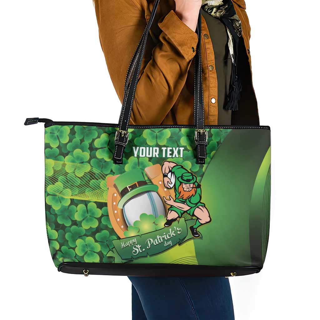 St Patrick's Day Ireland Rugby Custom Leather Tote Bag Leprechaun Mascot Irish Shamrock Pattern - Wonder Print Shop