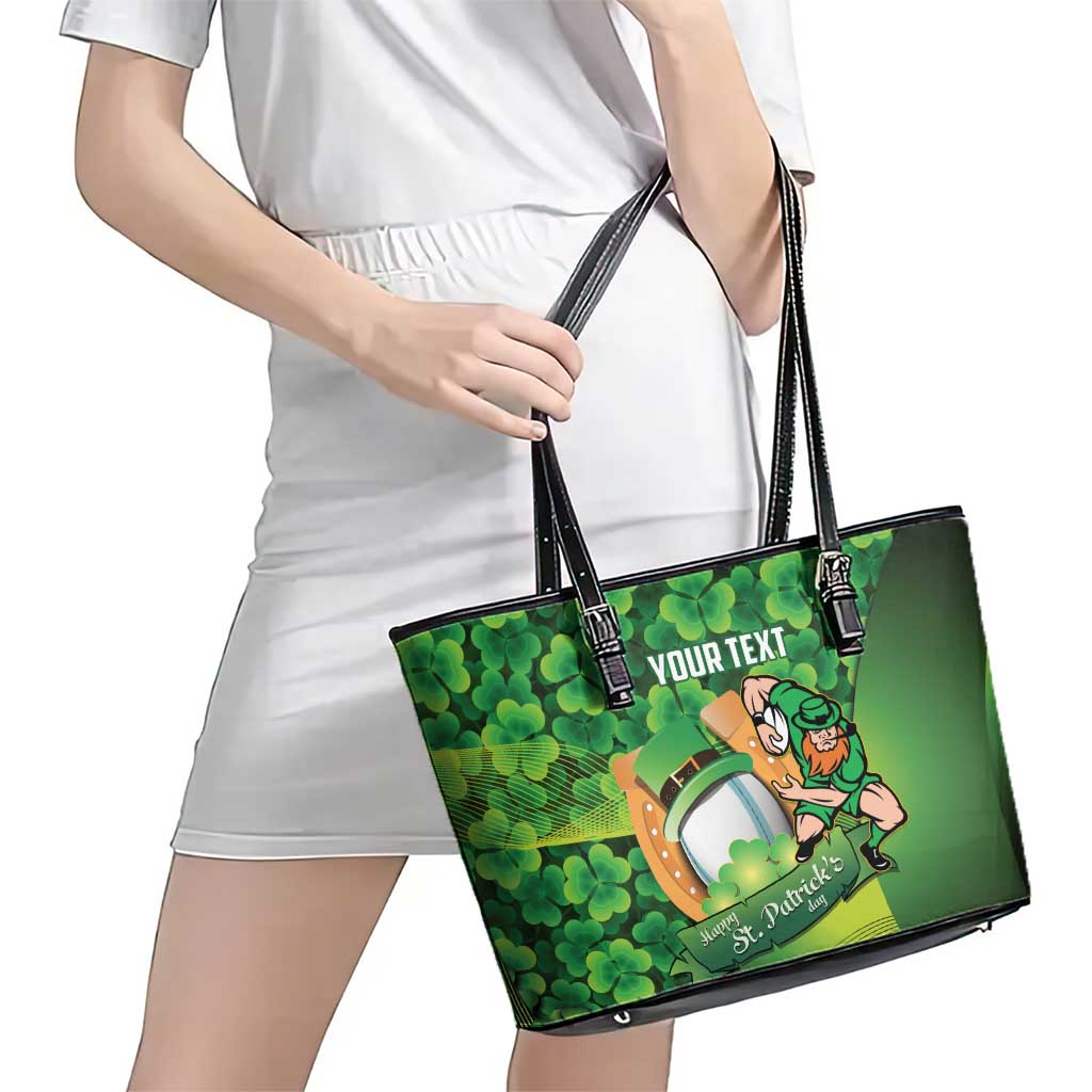 St Patrick's Day Ireland Rugby Custom Leather Tote Bag Leprechaun Mascot Irish Shamrock Pattern - Wonder Print Shop
