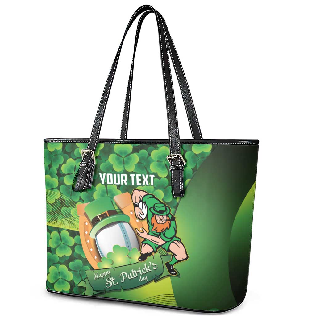 St Patrick's Day Ireland Rugby Custom Leather Tote Bag Leprechaun Mascot Irish Shamrock Pattern - Wonder Print Shop