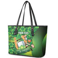 St Patrick's Day Ireland Rugby Custom Leather Tote Bag Leprechaun Mascot Irish Shamrock Pattern - Wonder Print Shop